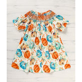 Toddler Baby Girl Pumpkin Smocked Dress Fall Thanksgiving Halloween Embroidered Princess Party Dresses Kids Fall Outfits Clothes